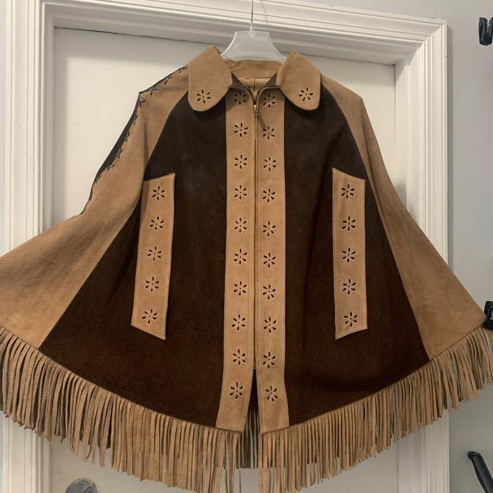 Tan and Brown Suede Vintage Fringed Poncho